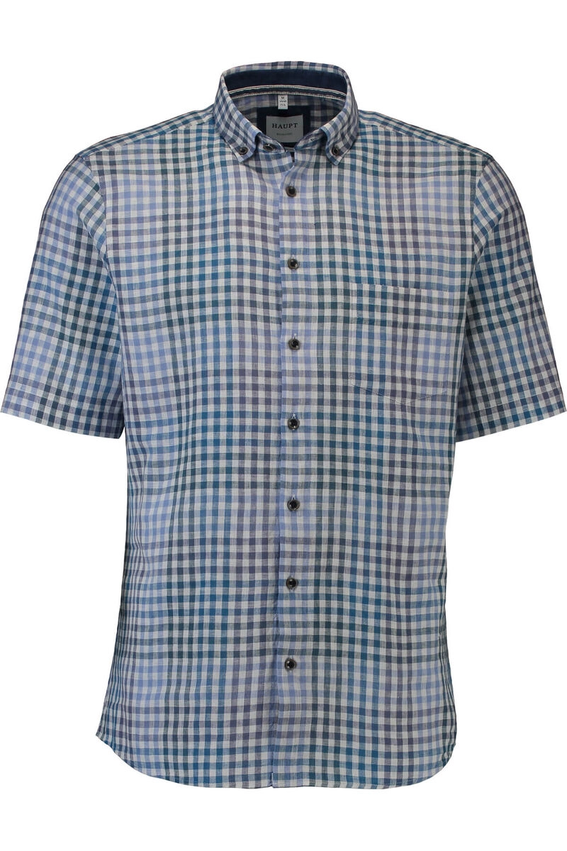 HAUPT Leinen Hemd blau kariert Regular Fit kurzarm