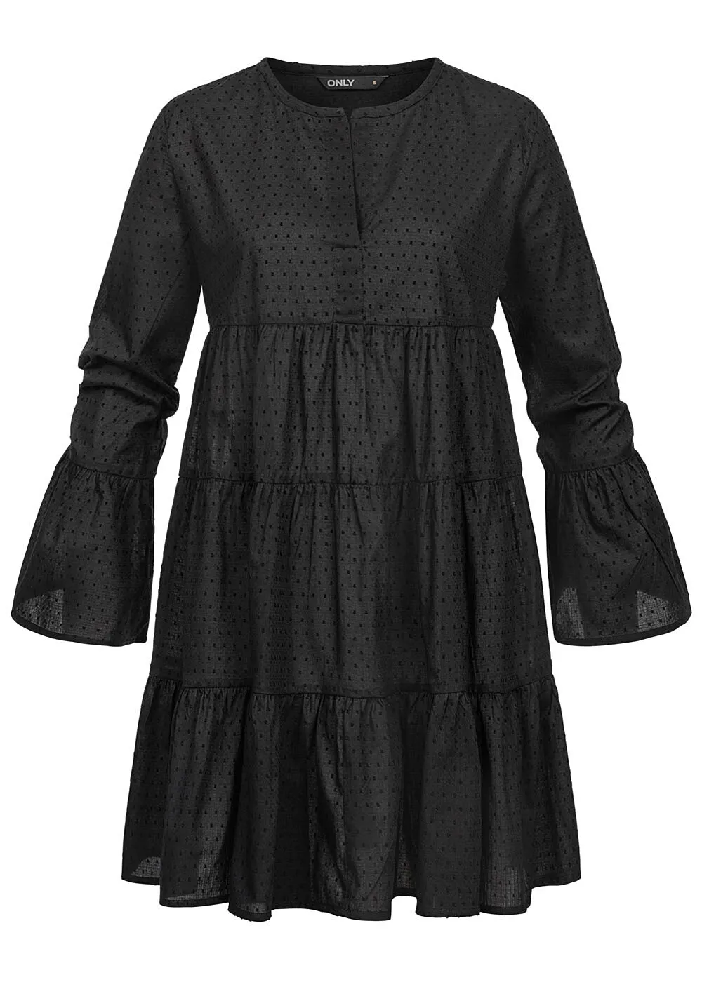 ONLY Damen V-Neck Tunica Stufenkleid mit Pufferärmeln Punkte Muster schwarz